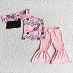 one shoulder cowboy pink velvet bells outfit