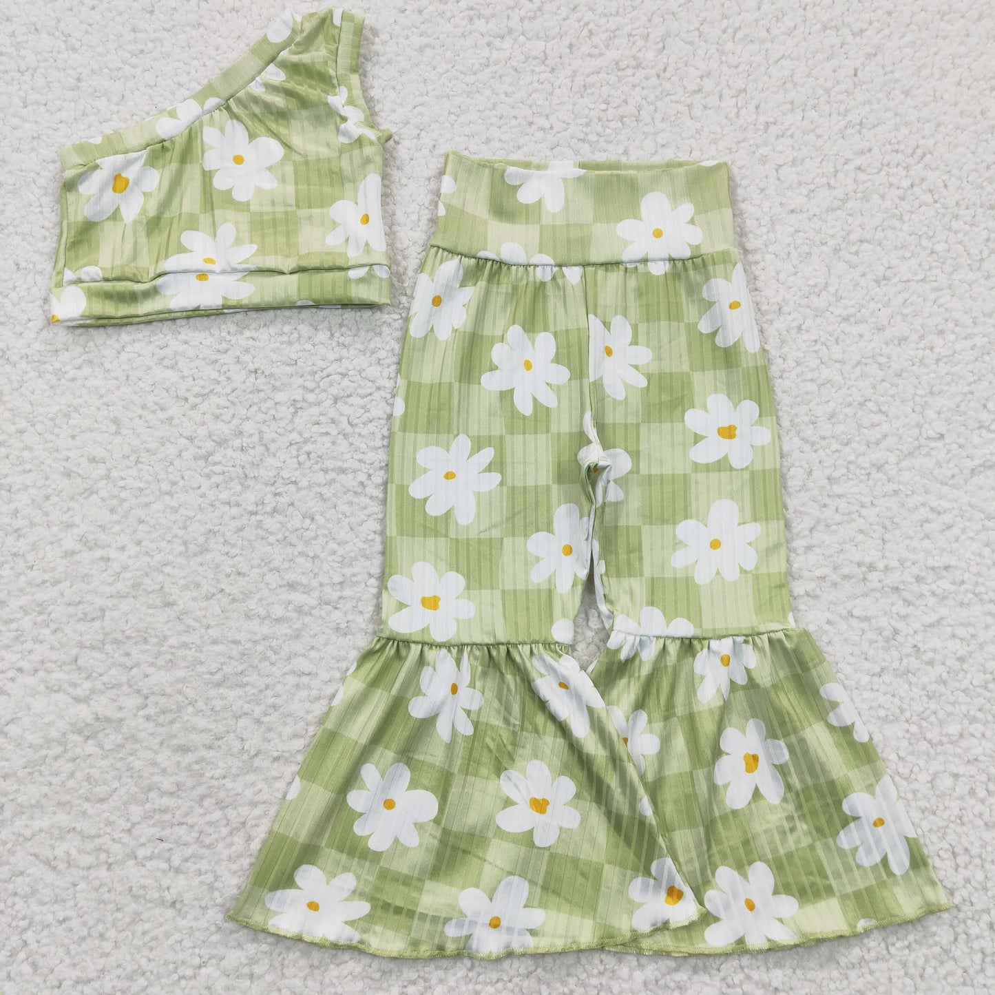 green ribbed floral bell bottom set girls outfits spring clothing
