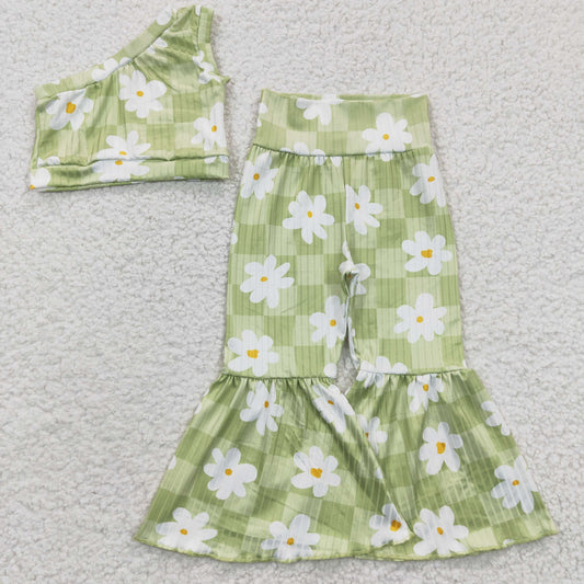 green ribbed floral bell bottom set girls outfits spring clothing