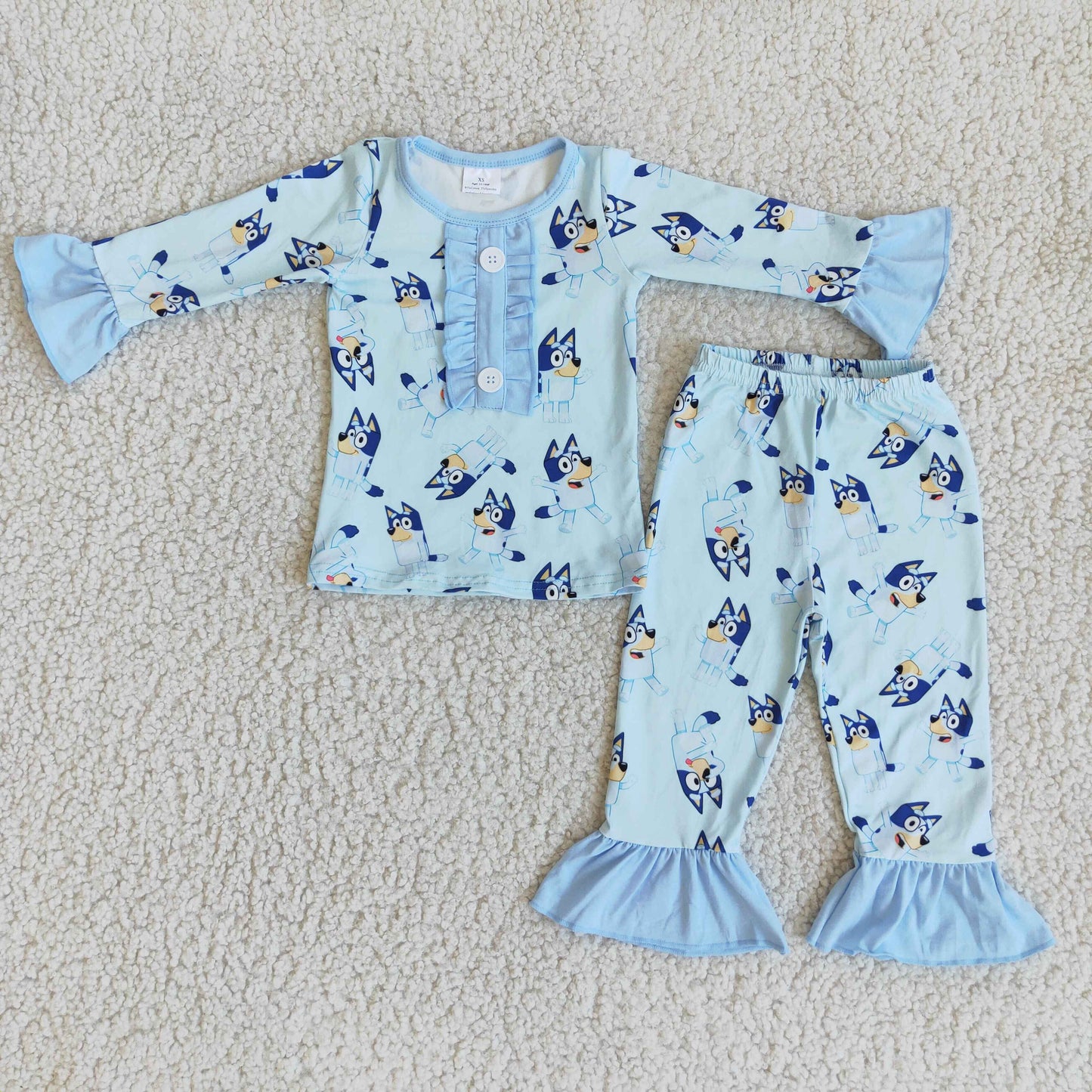 Light Blue Cartoon Print Ruffle Pajamas Girl