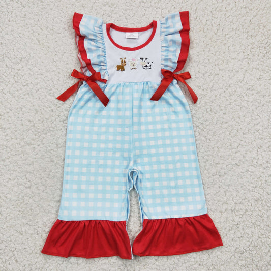 blue plaid horse sheep cow embroidery romper
