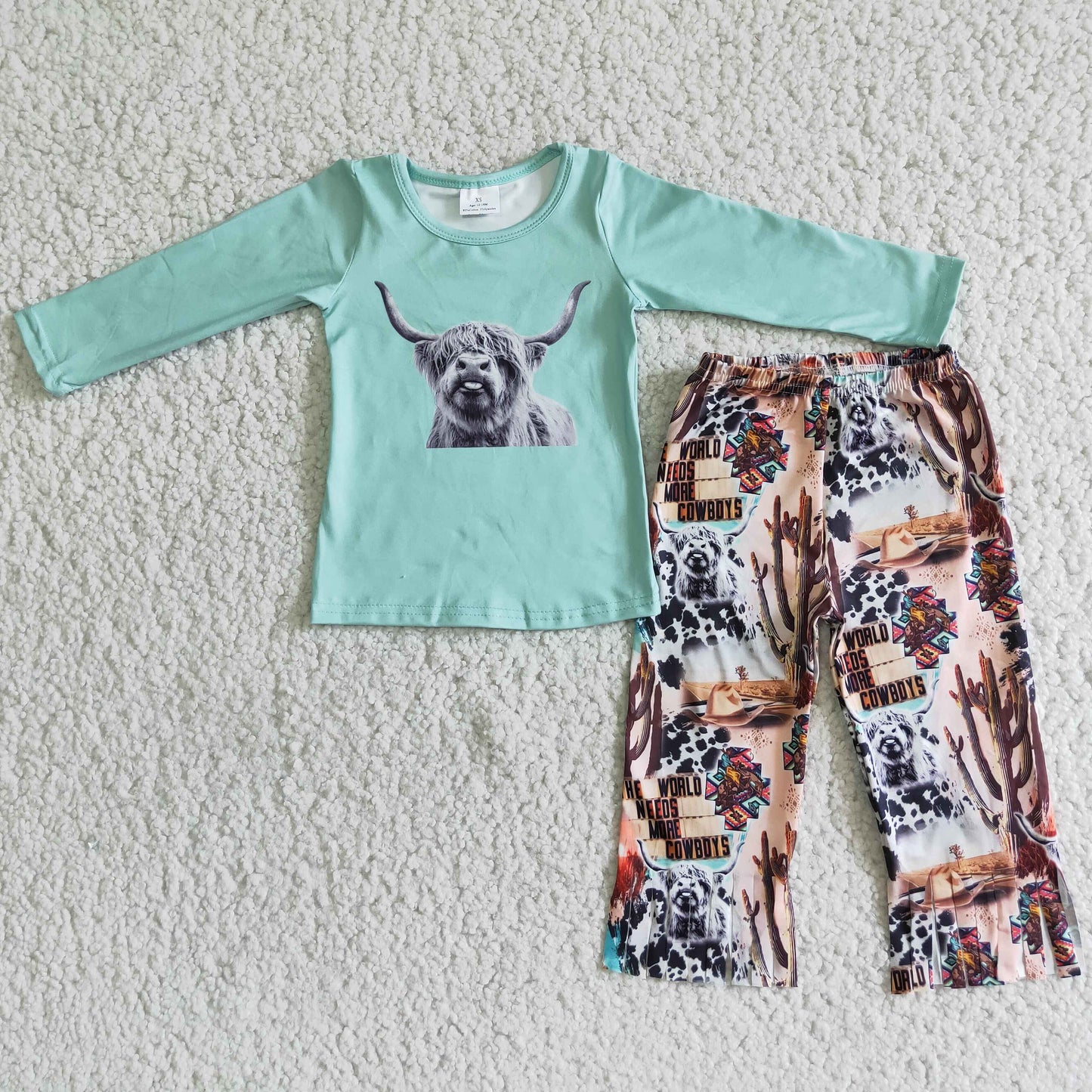 Girl Mint Green Cow Outfit Tassle Pants Set