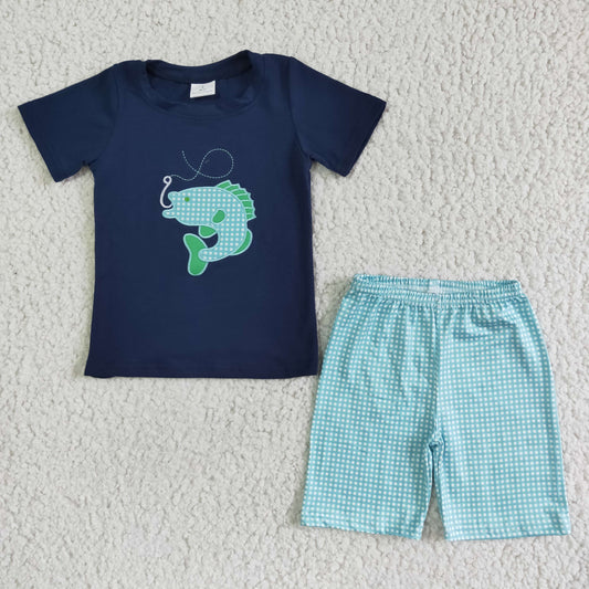 navy blue cotton fish embroidery shirt plaid shorts set boy