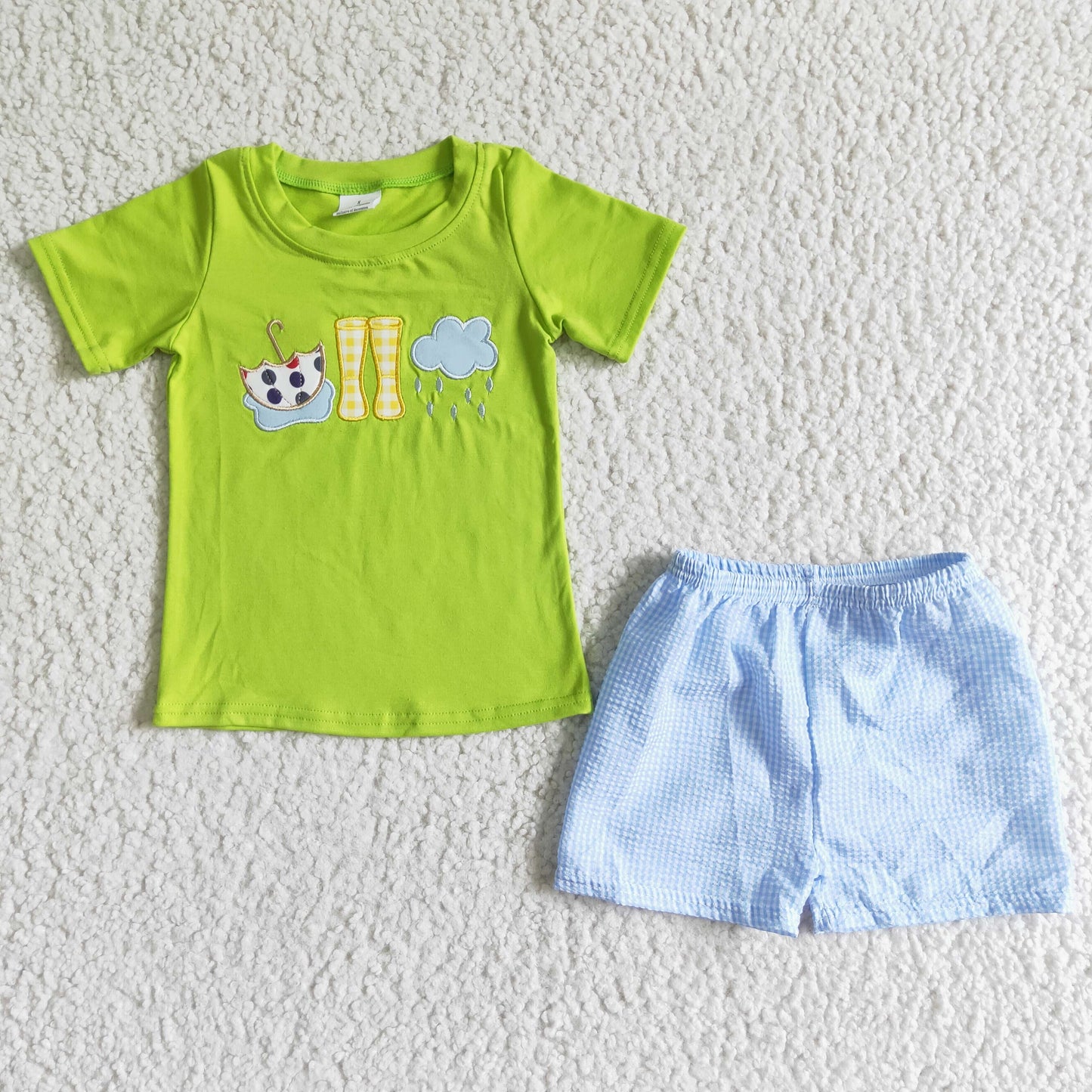 cute embroidery outfit green t-shirt seersucker shorts set boy