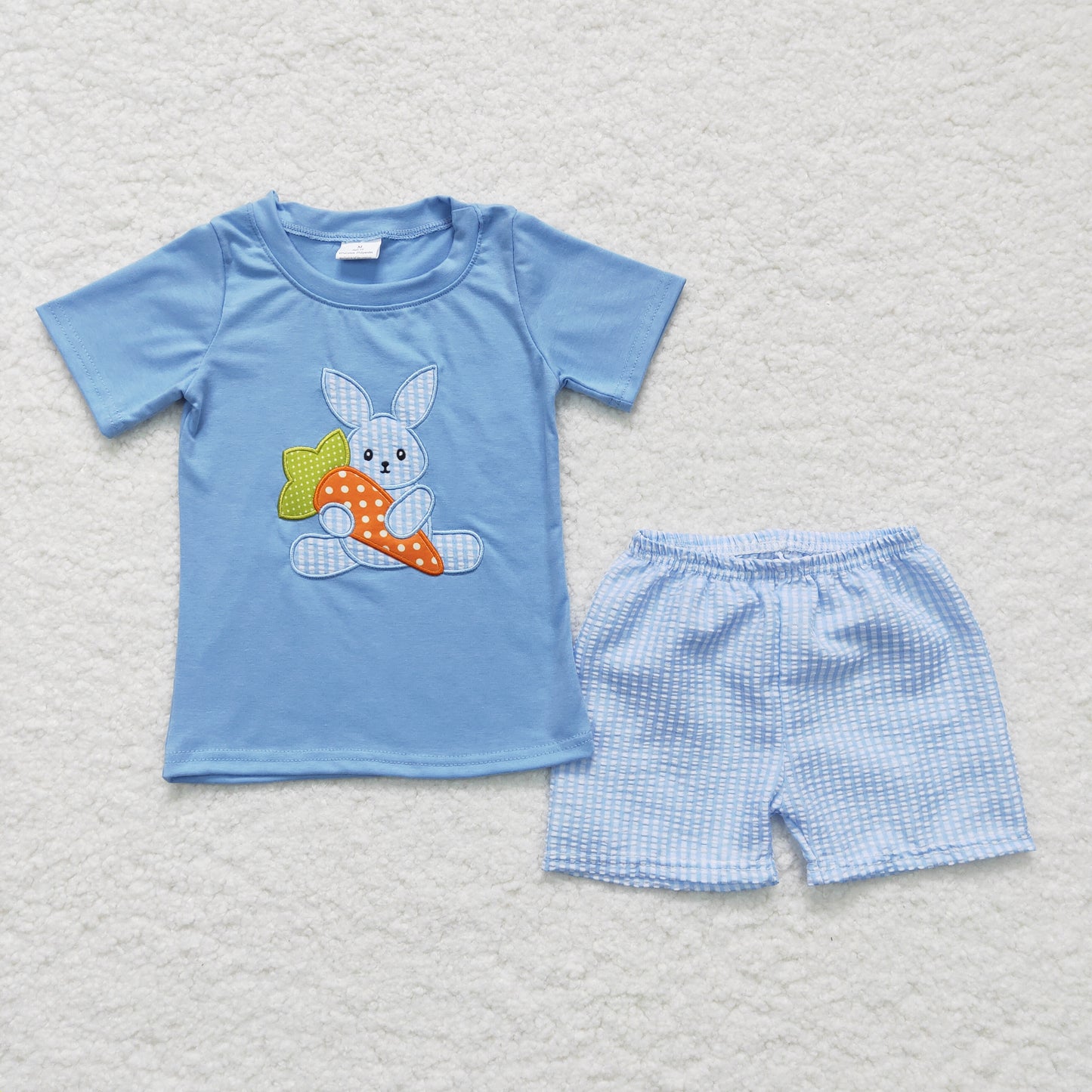 boy easter blue carrot embroidery seersucker shorts set