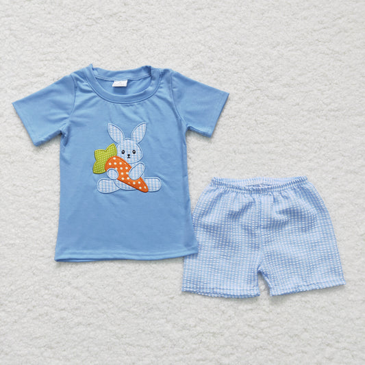 boy easter blue carrot embroidery seersucker shorts set