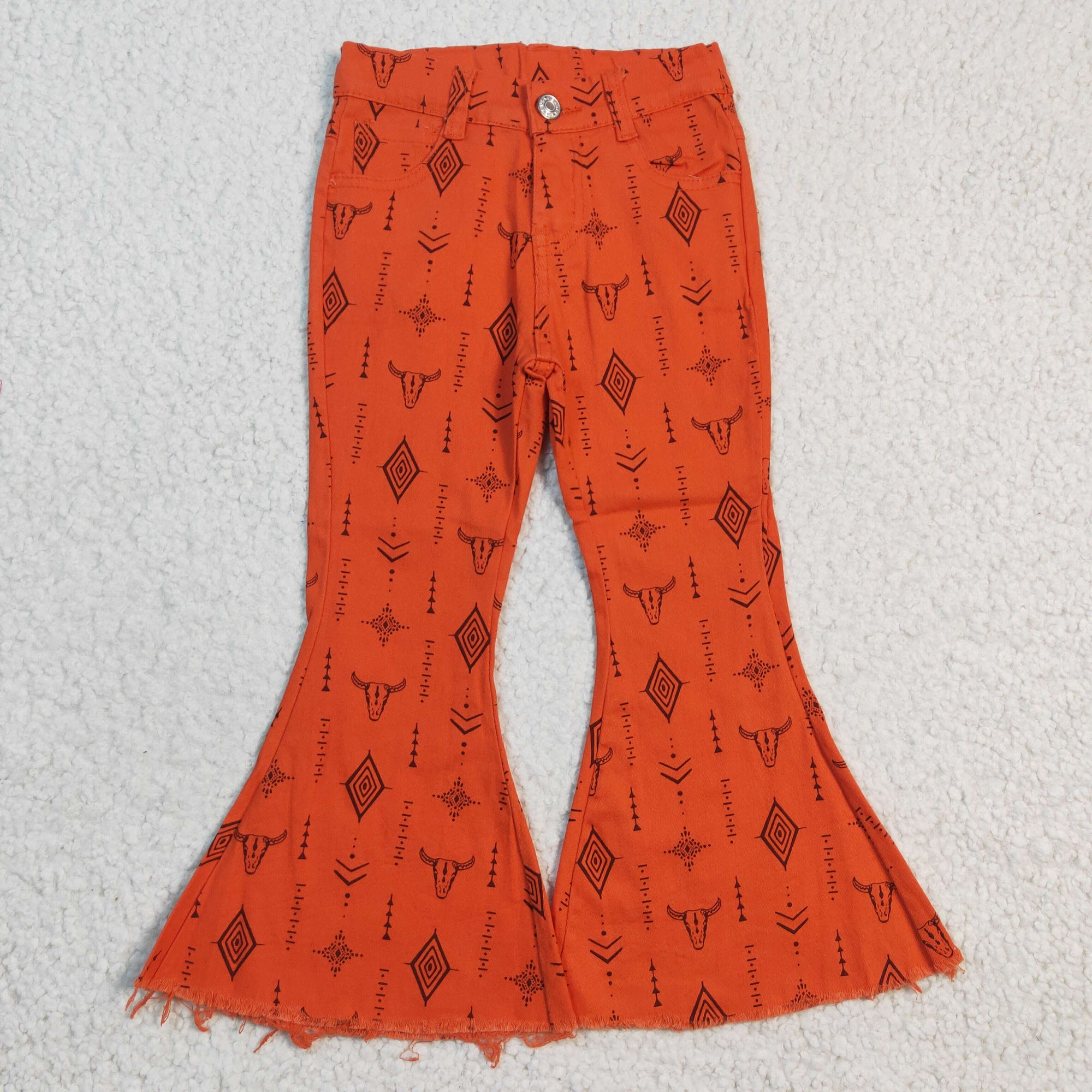 western print orange bell bottom jeans for kids