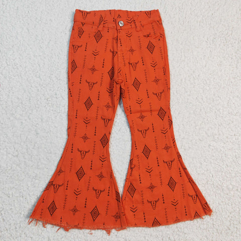 western print orange bell bottom jeans for kids