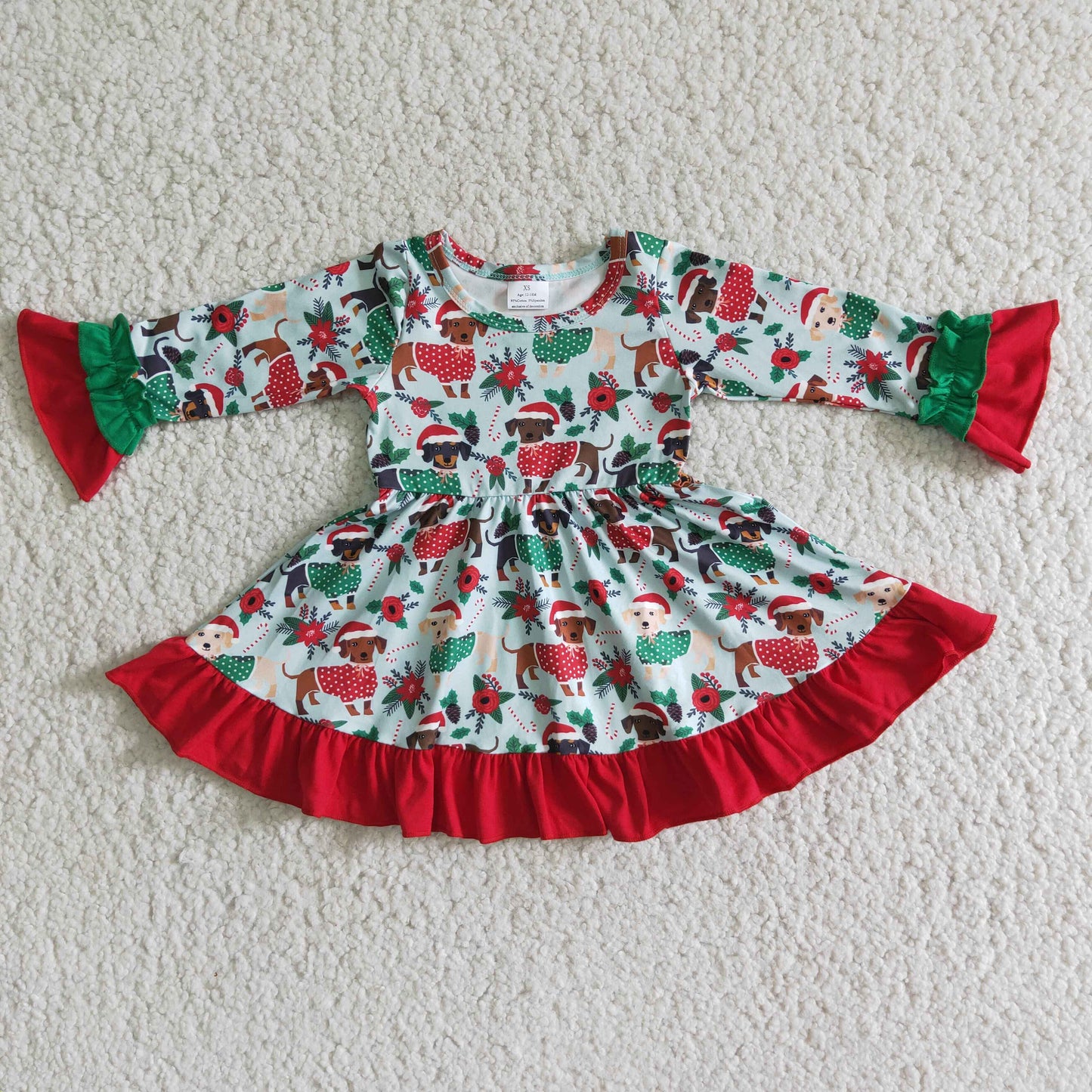 Christmas Long Sleeve Dog Print Ruffle Dress