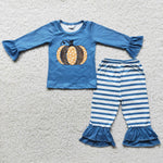 Pumpkin Print Blue Striped Ruffle Pants Set
