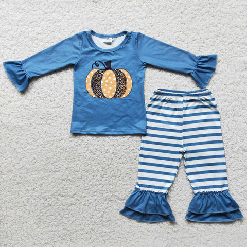 Pumpkin Print Blue Striped Ruffle Pants Set