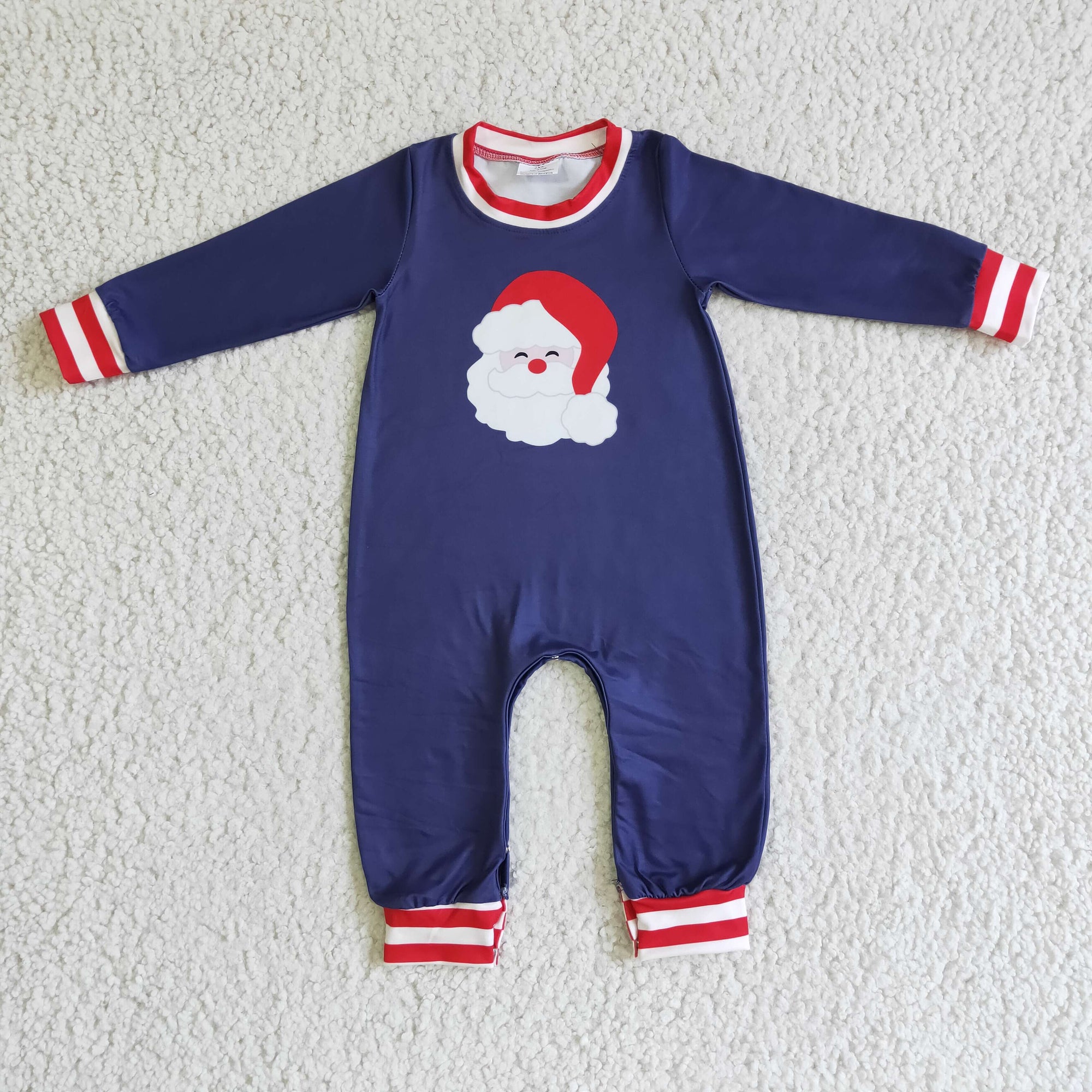 navy blue santa print baby boy romper