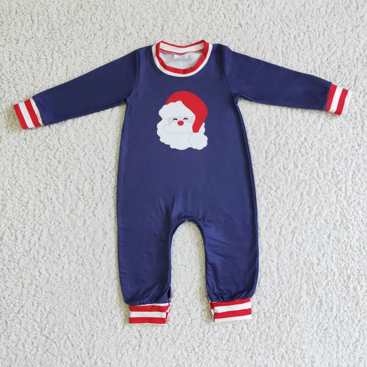 navy blue santa print baby boy romper