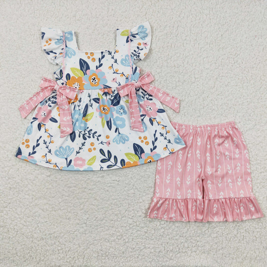 floral bow tunic ruffle shorts set girl summer clothes