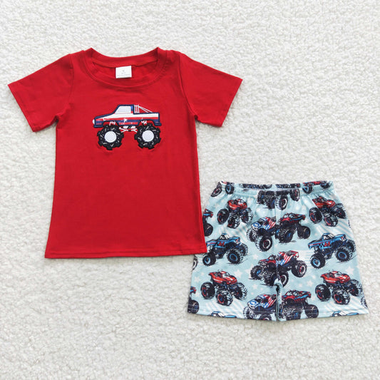 monster truck embroidery boy's shorts set