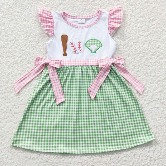 girl pink green bow dress baseball embroidery