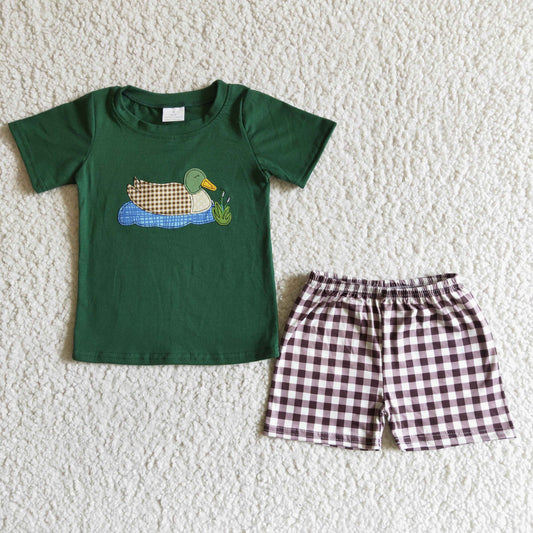boy's cotton duck embroidery plaid shorts set outfit clothing