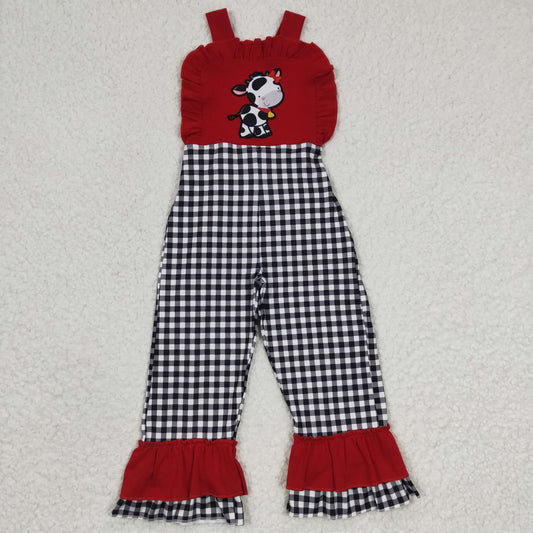 cow embroidery black plaid ruffle pants jumpsuit