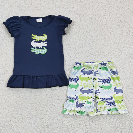 crocodile embroidery shorts set girl's summer sibling clothing