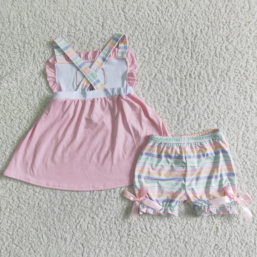 girl's pink popsicle embroidery stripe shorts set
