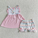 girl's pink popsicle embroidery stripe shorts set