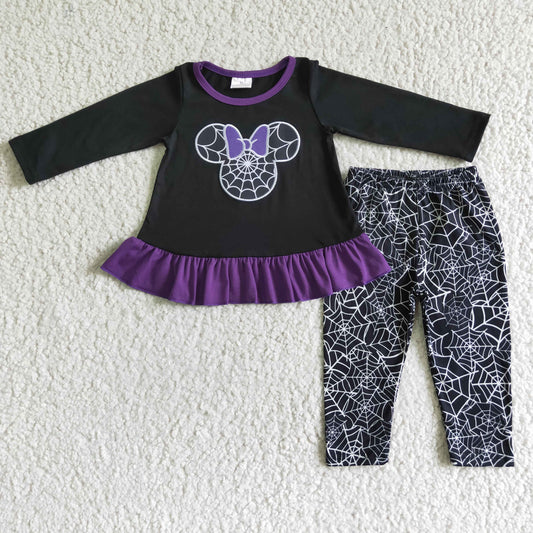 girl halloween purple and black spider web leggings outfit