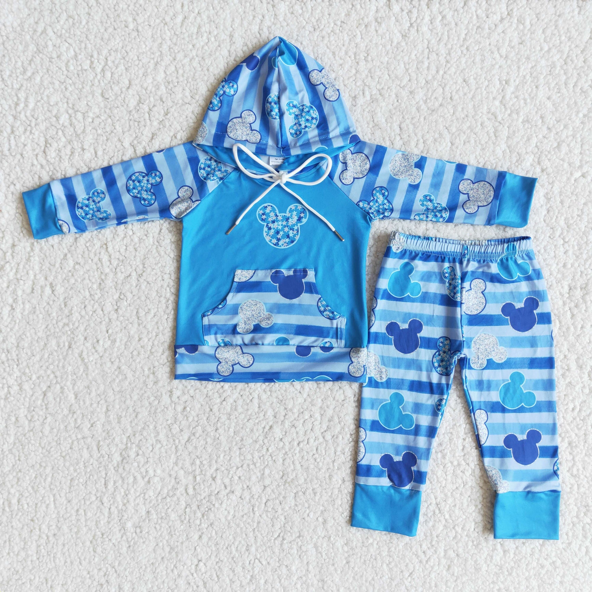boy blue stripe cartoon hoodie outfit pants set