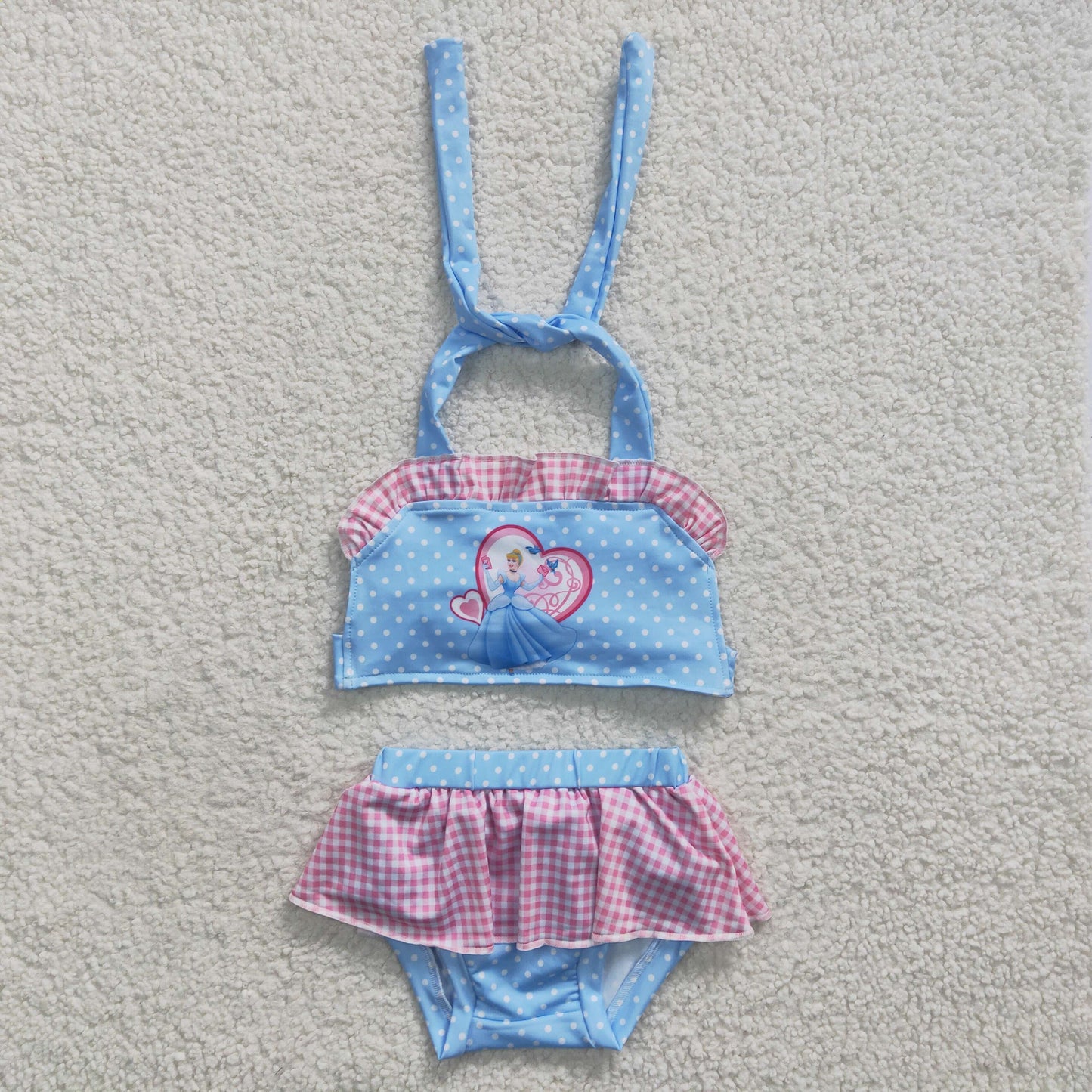 2pcs blue pink princess ruffle swimsuit for girl