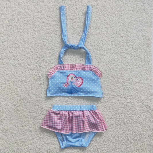 2pcs blue pink princess ruffle swimsuit for girl