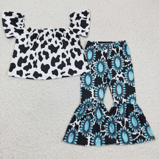 cow and turquoise print off-shoulder outfit