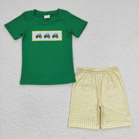 green cotton farm truck embroidery shorts set