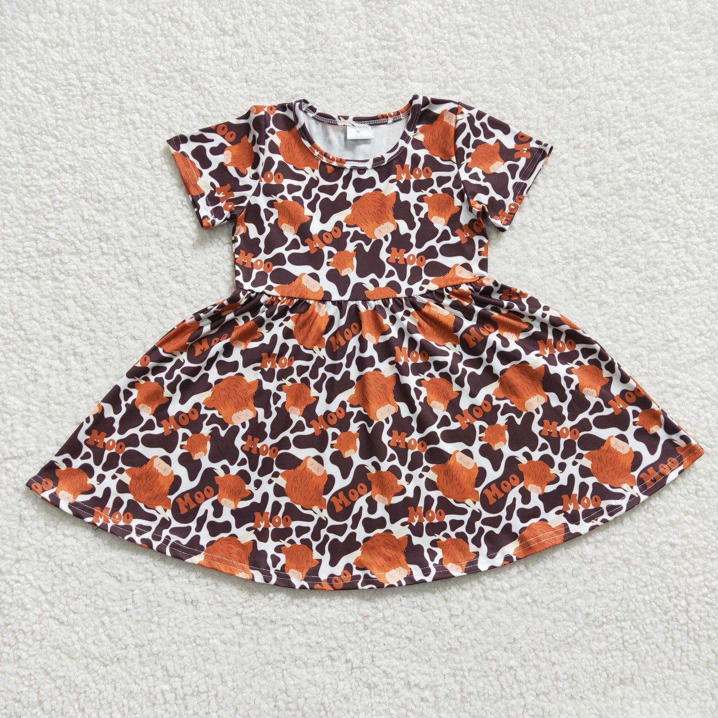 brown moo highland cow print twirl dress