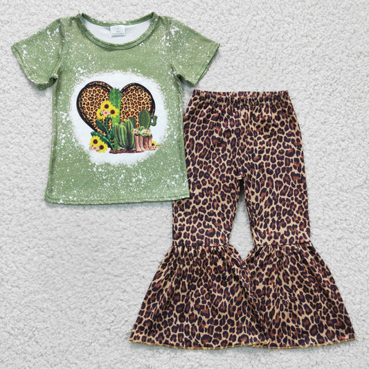 girl green shirt cactus print leopard pants set