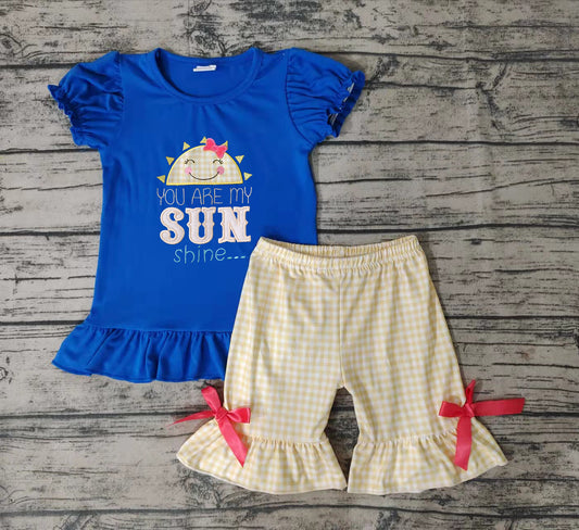 cotton sunshine embroidery outfit checked rufle shorts set
