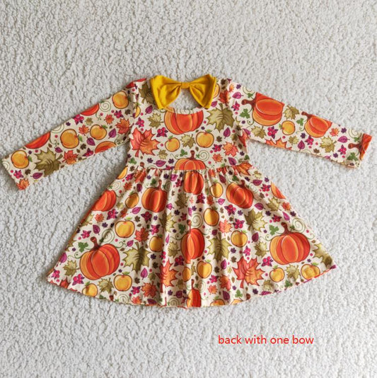 kids fall clothing girl long sleeve pumpkin dress GLD0055