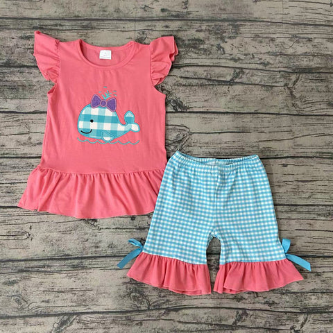 girl pink blue whale embroidery ruffle shorts set