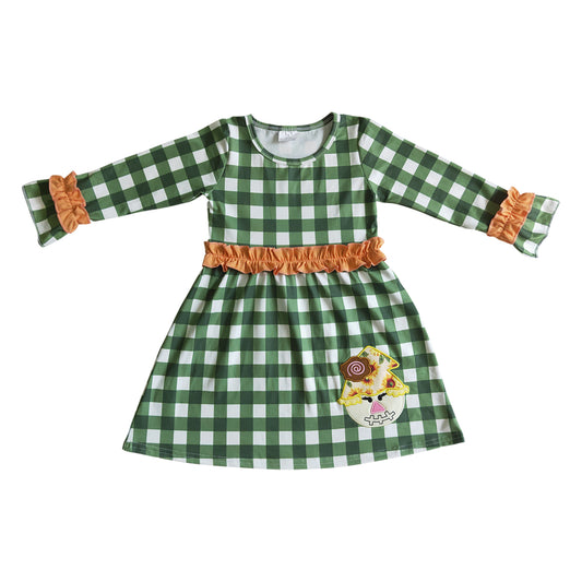 dress for girl fall green plaid scarecrow embroidery