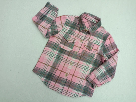 flannel pink gray cotton plaid button shirt with pocket