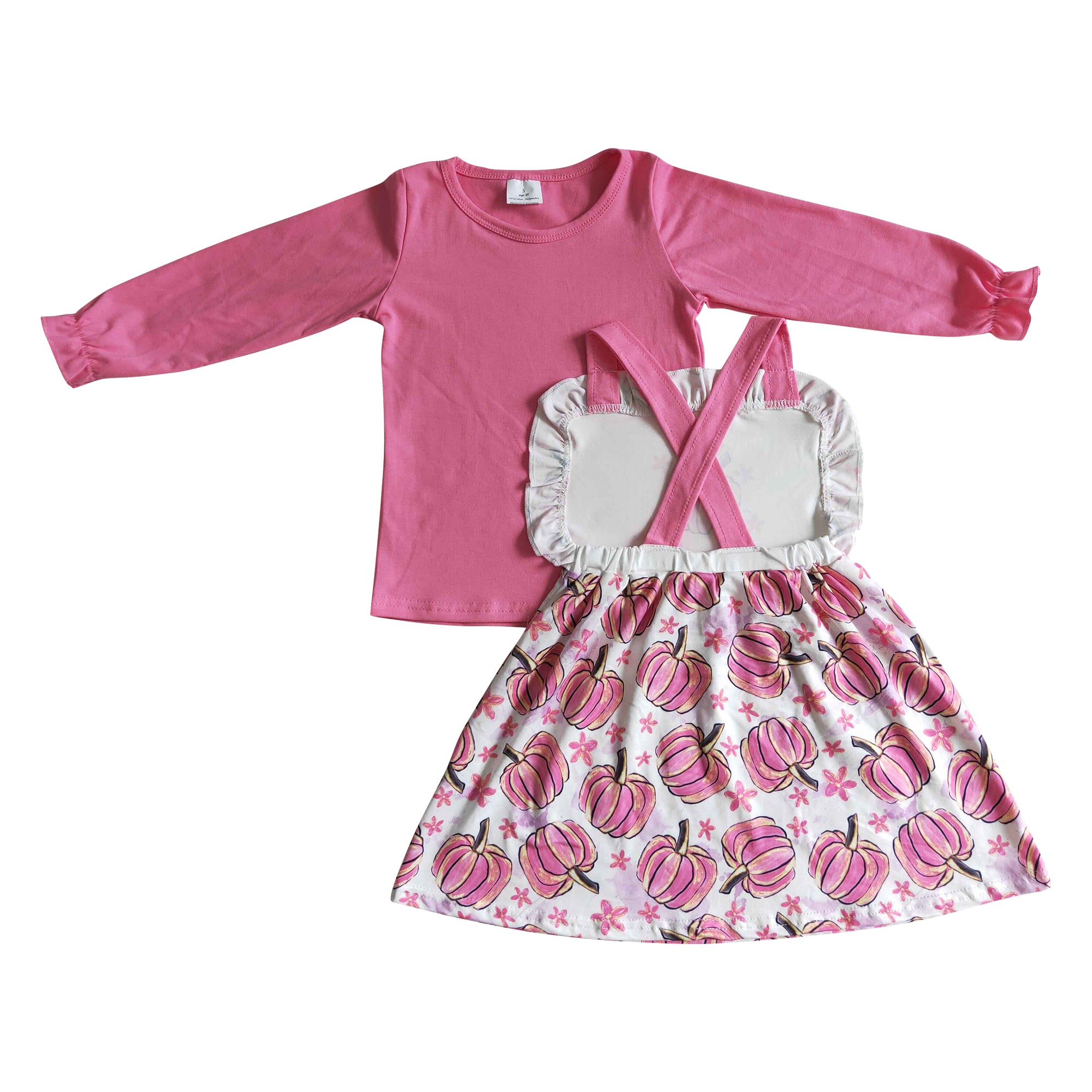 girl fall clothing pink pumpkin shirt cross skirt outfit