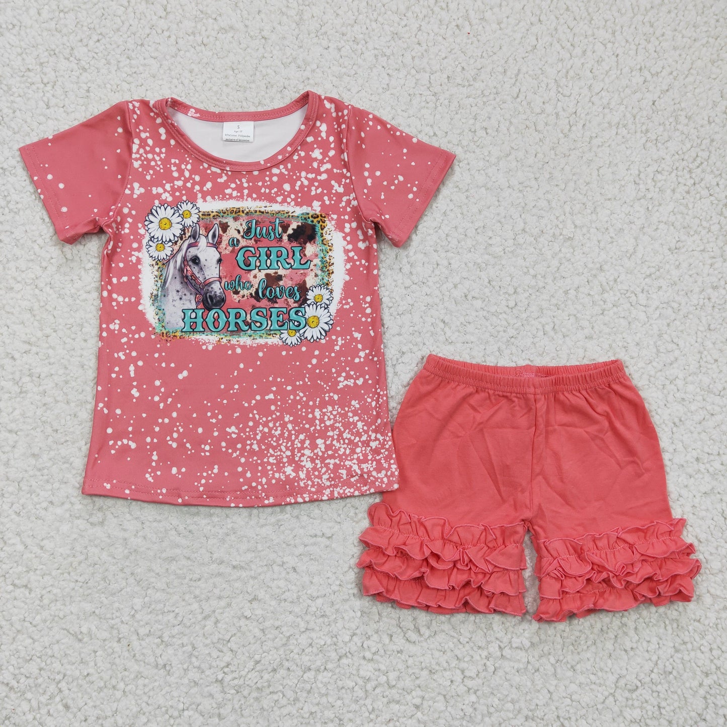 girl summer coral ruffle shorts set with horse print