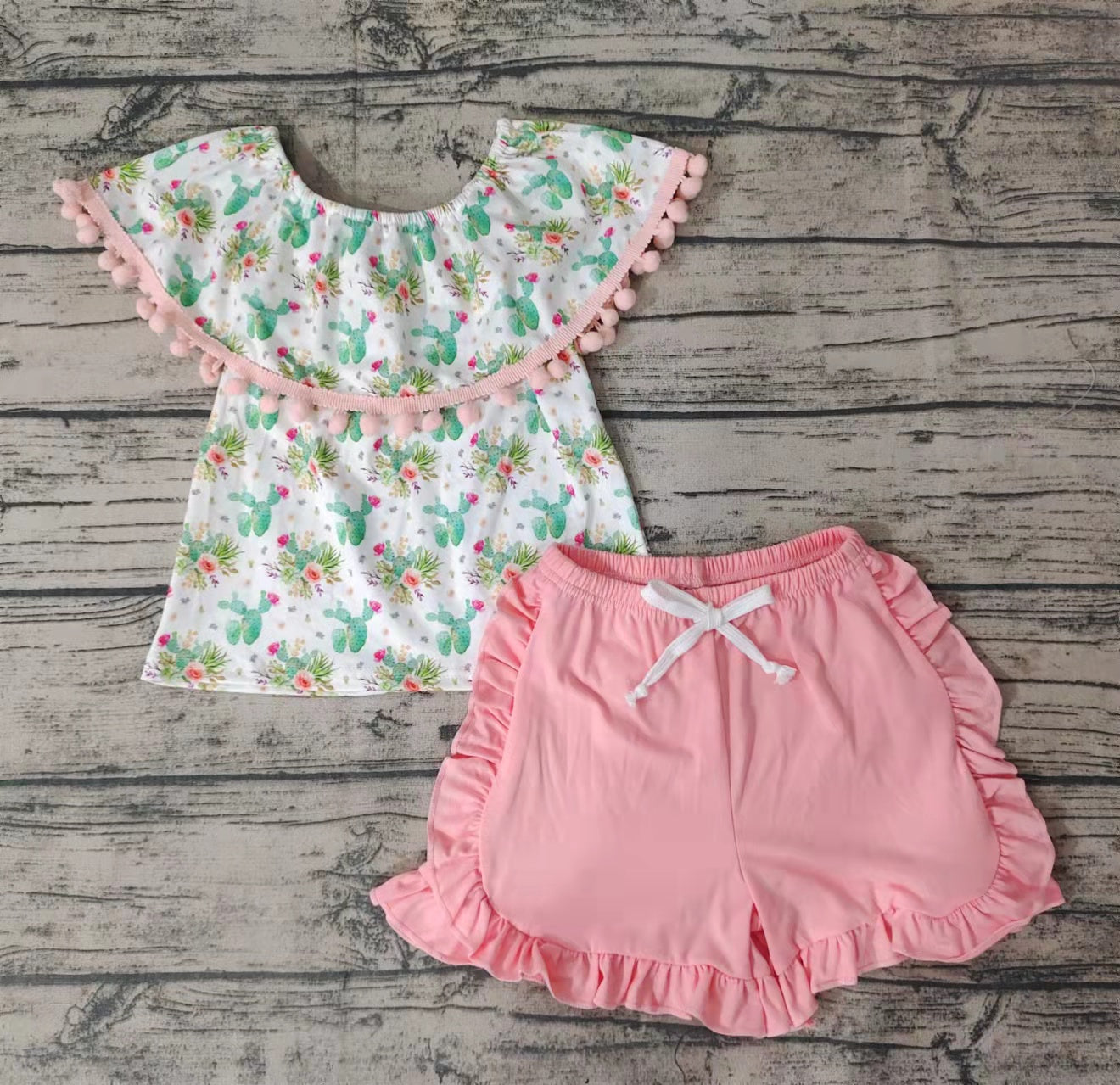 sleeveless cactus pom top pink ruffle shorts set