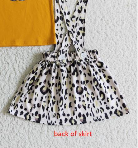 girl fall clothing mustard shirt with pumpkin embroidery braces skirt outfit