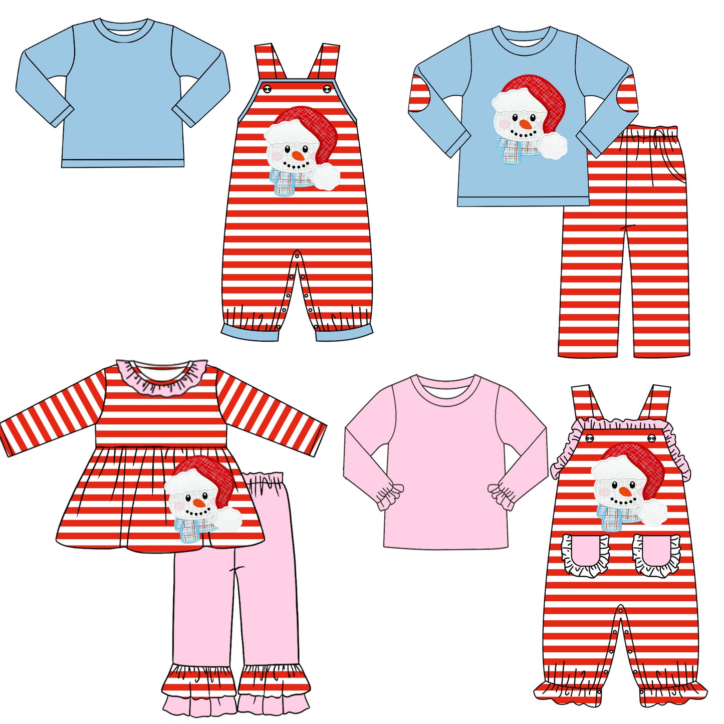 Snowman with santa hat print boys and girls matching clothing