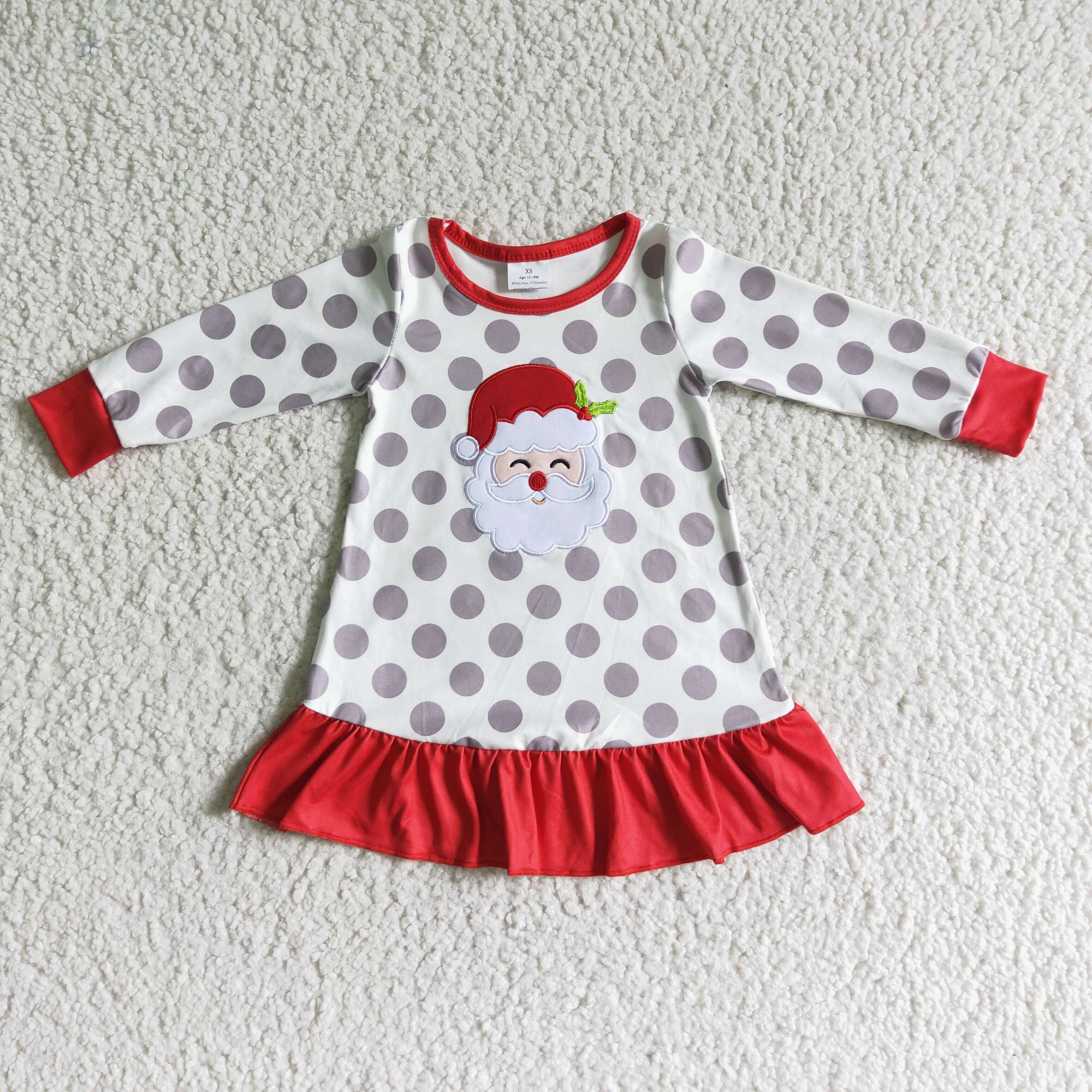 santa embroidery grey dots ruffle sleepwear dress