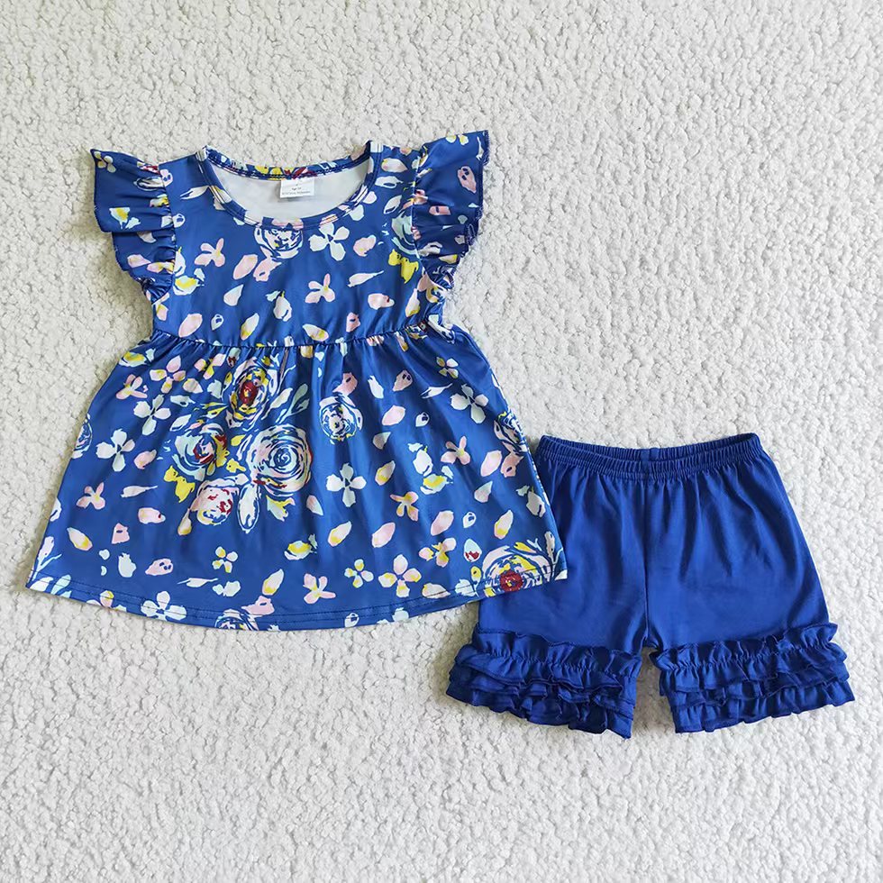 blue floral ruffle shorts set