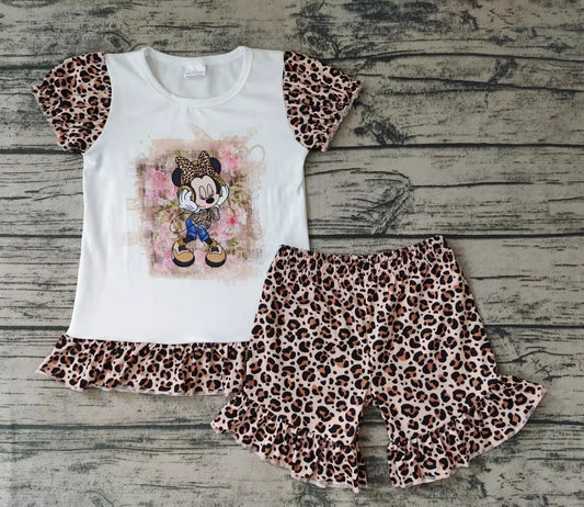 mouse print leopard shorts set girls clothing