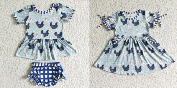cute short sleeve blue chicken twirl dress with pockets