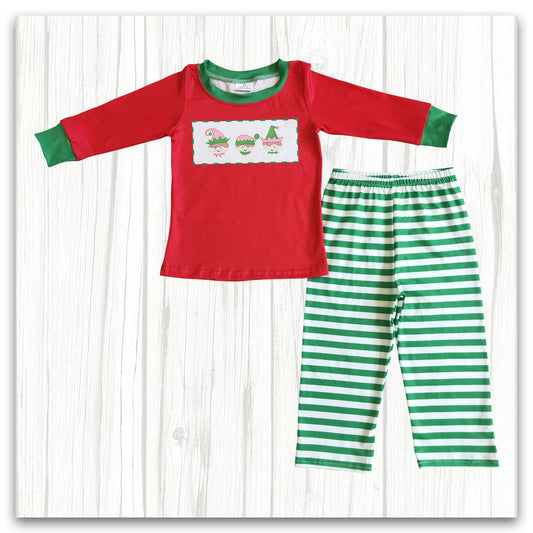 boy's christmas clothes set red top green stripe pants outfits
