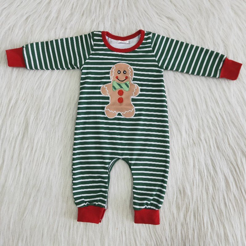 Green Stripe Gingerbread Embroidery Romper Boy