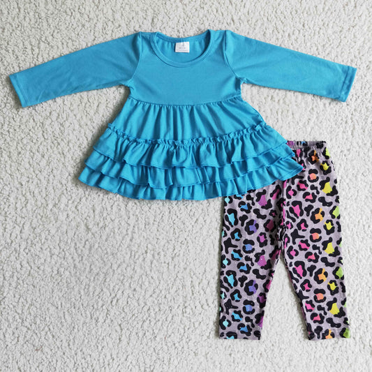 blue cotton ruffle rainbow leopard leggings outfit